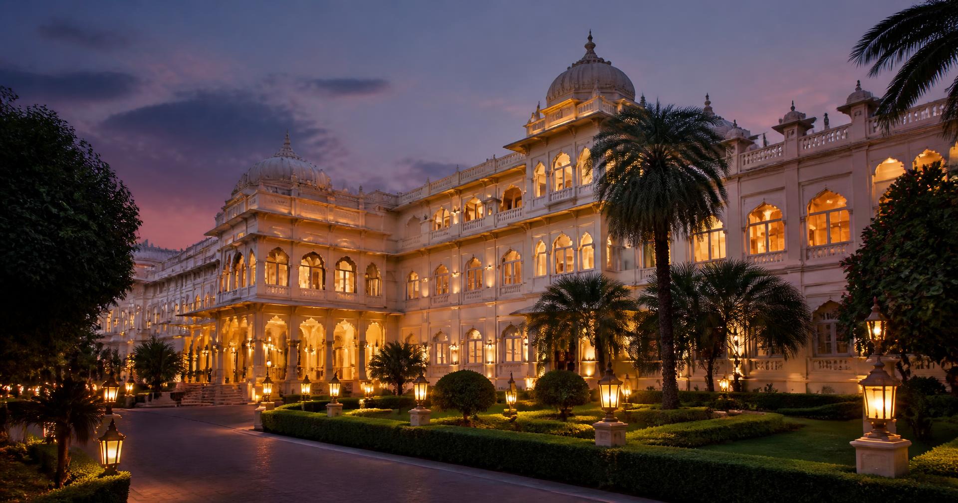 The lit facade of Hota Grand at dusk with lantern-lined driveway